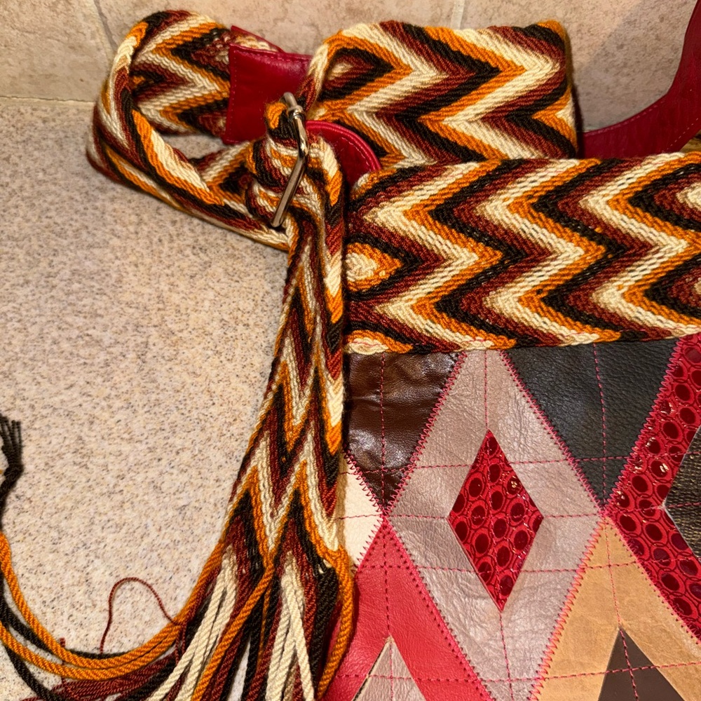 Vintage Leather Patchwork Boho Red Multicolored P… - image 6